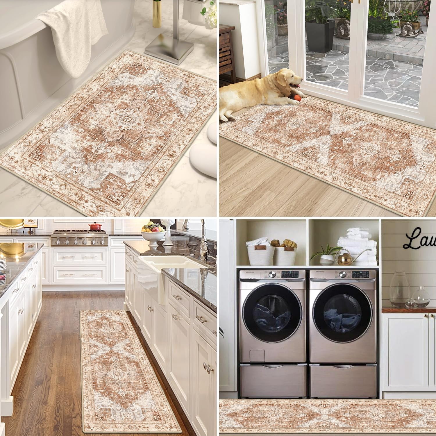 Boho Washable Kitchen Rugs Sets of 3, Non Slip Kitchen Mats for Floor with Rubber Backing, Waterproof & Stain Resistant Thick Carpet Runner Throw Rugs for Kitchen, Laundry Room, Hallway