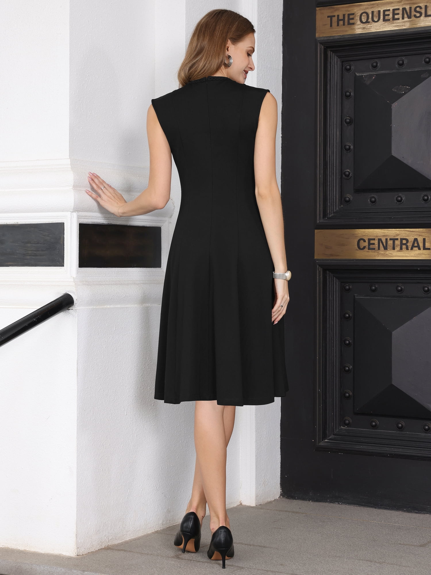 DARING DIVA Women's Sleeveless Dress A Line Crew Neck Work Flare Dresses L Black