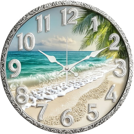 Hoease 10 Inch Silent Wall Clock, Silver Frame Beach Ocean Vintage Decorative Wall Clock, Battery Operated Non-Ticking Round Clock for Living Room Bedroom Coastal Home Decor