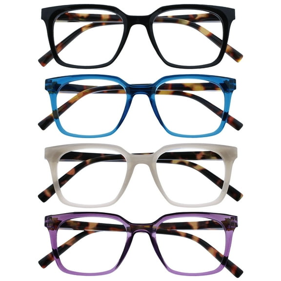 OPULIZE KOI Reading Glasses 4 Pack - Large Rectangular Frame - Black-Blue-Purple-Gray - Mens Womens - Spring Hinges - RRRR50-1357 -  1.50