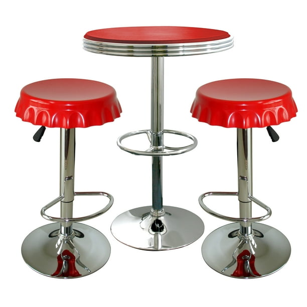 AmeriHome 3 Piece Red Finish Retro Bar Height Table Seating 2