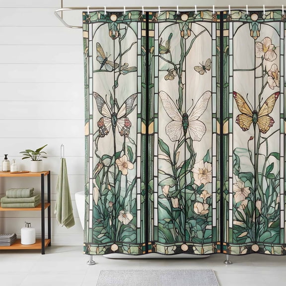 Shower Curtains for Bathroom, Retro Butterfly Waterproof Fabric Shower Curtain, Green Spring Floral Botanical Decorative Bathroom Curtain for Bathtub, 66"x72", No Hooks Included