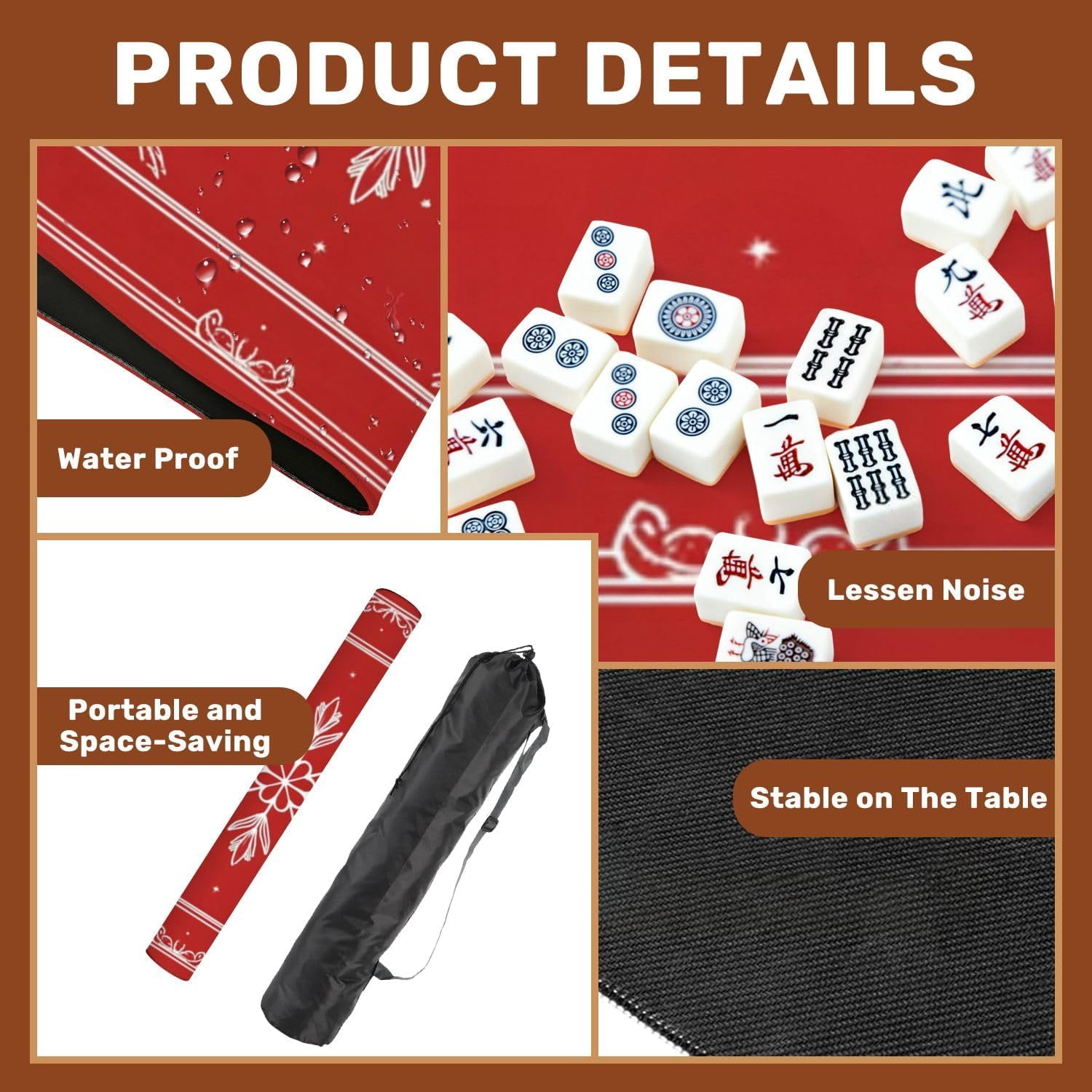Mahjong Mat with Carrying Bag 31.5" x 31.5" Non-Slip Noise Reduction Elegant White Snowflake Floral Accents Red Table Mat for Mahjong Poker Dominoes Card Board Tile Games