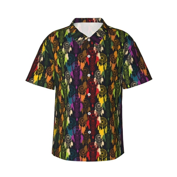Balery Colorful Dreamcatcher Print Men's Hawaiian Shirts Short Sleeve Beach Shirt Relaxed Fit Vacation Button Down Shirts-3X-Large