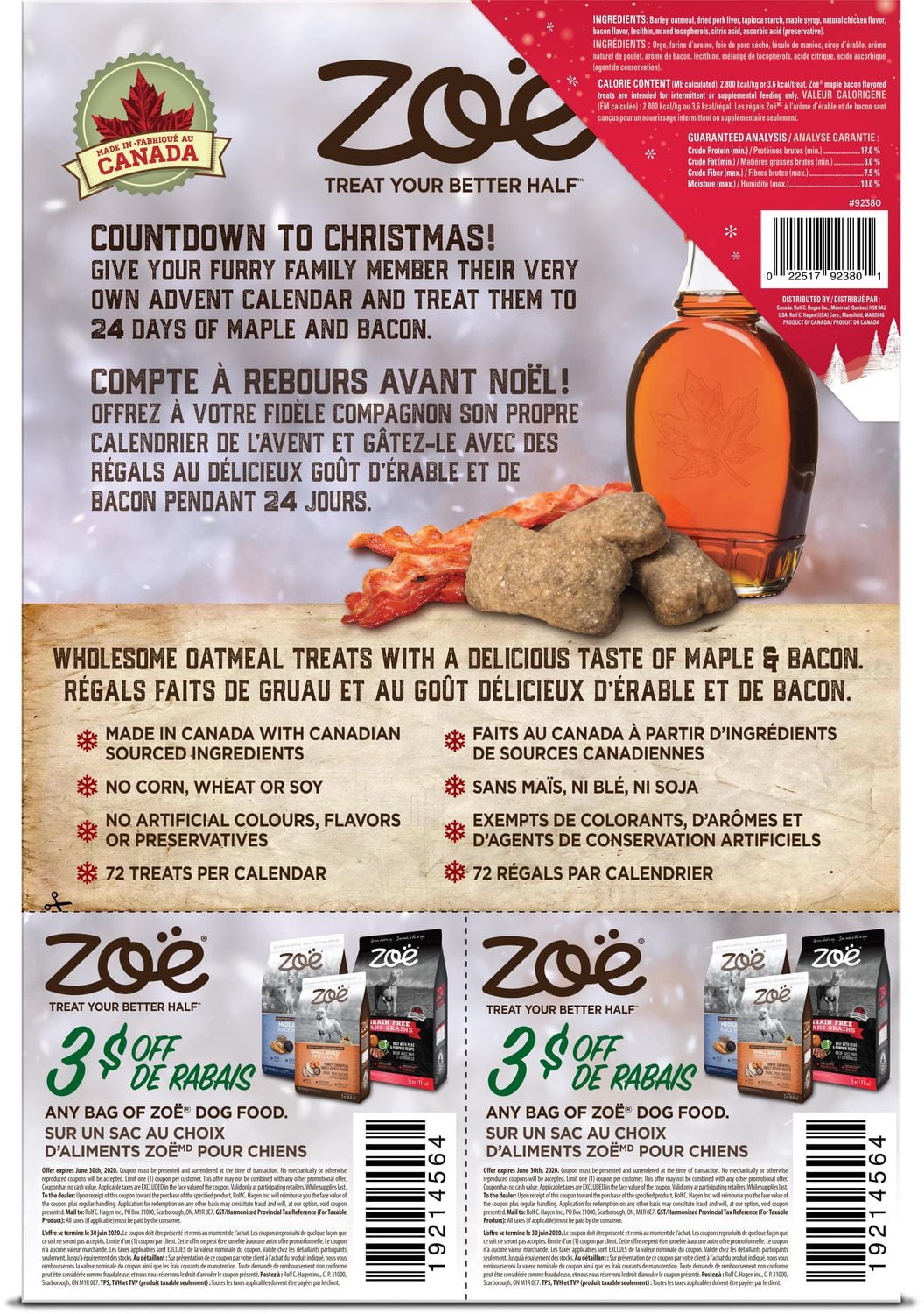 Zoe Dog Holiday Calendar with Festive Maple Bacon Treats