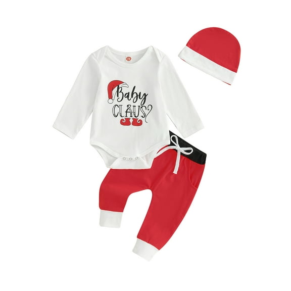 Liacowi 3PCS Newborn Baby Boy Clothes Long Sleeve Letter Santa Hat Print Romper Bodysuit Drawstring Pants Hats Infant Christmas Outfits 0-24M