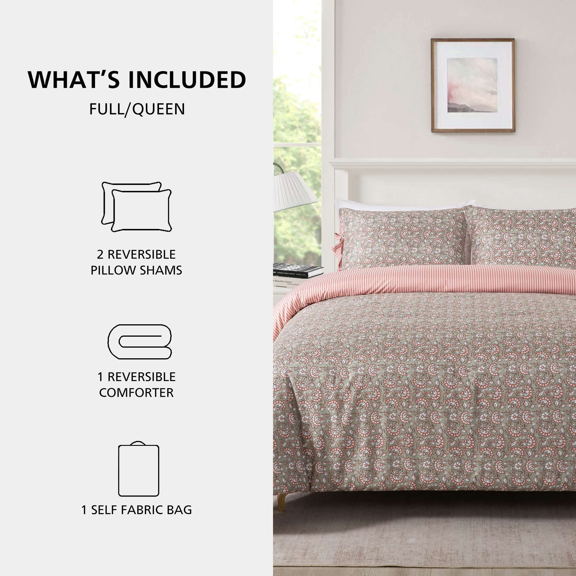 Mainstays Full/Queen Comforter Set, All-Season Reversible, 3-Piece, Green Floral Bowknot