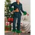 thumbnail image 3 of Women Christmas Satin Pajamas Sets Feather Trim Long Sleeve Button Down Shirt and Pants Set Xmas Holiday Pjs Sleepwear Loungewear, 3 of 8