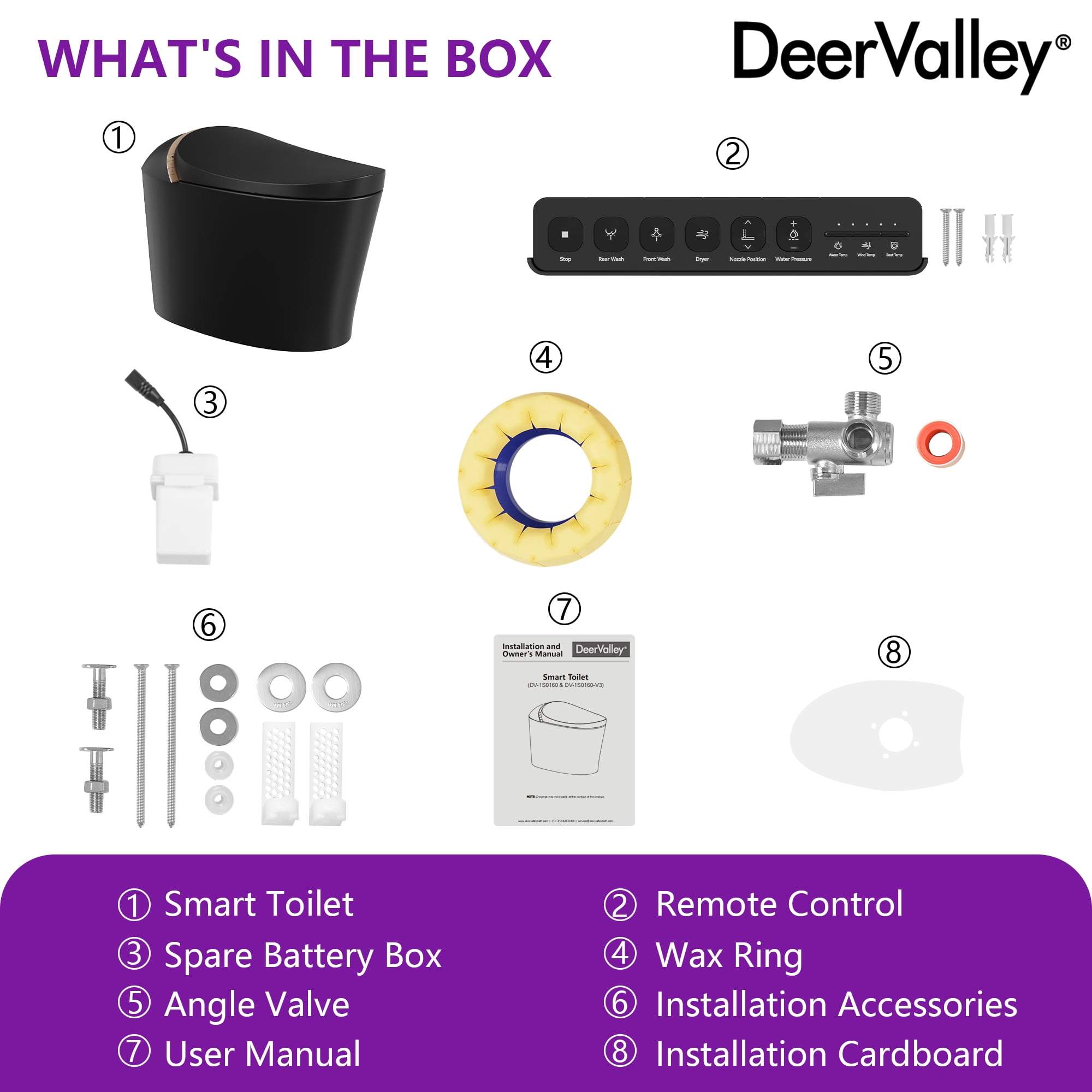 DV-1S0160B-V3 Smart Bidet Toilet, Auto Open & Close, Heated Seat, Warm Water, Wireless Remote Control, Premium