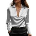 thumbnail image 4 of Womens Satin Blouse Deep V Neck Long Sleeve Tops Turn Down Collar Shirt Solid Color Dressy Casual Blouses Camisa Elegante Para Mujer, 4 of 9