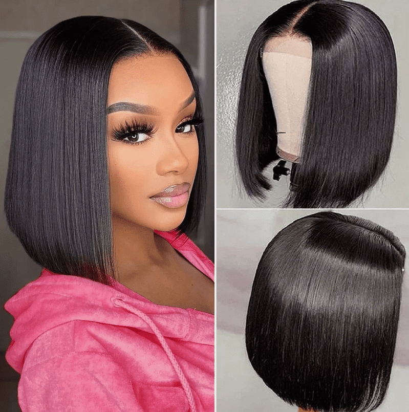 Black Straight Hair Heat Resistant Short Bob Synthetic Lace Front Wigs Glueless