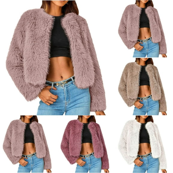 ATOYSOY Women's Winter Coats Fleece Cropped Jacket Fauxlong Sleeve Pockets Warm Outerwear Fall Clothes Yellow L