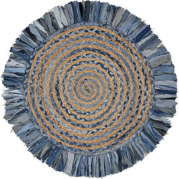 Laddha Home Designs 3.5' Blue and Brown Swirl Handmade Round Area Throw Rug