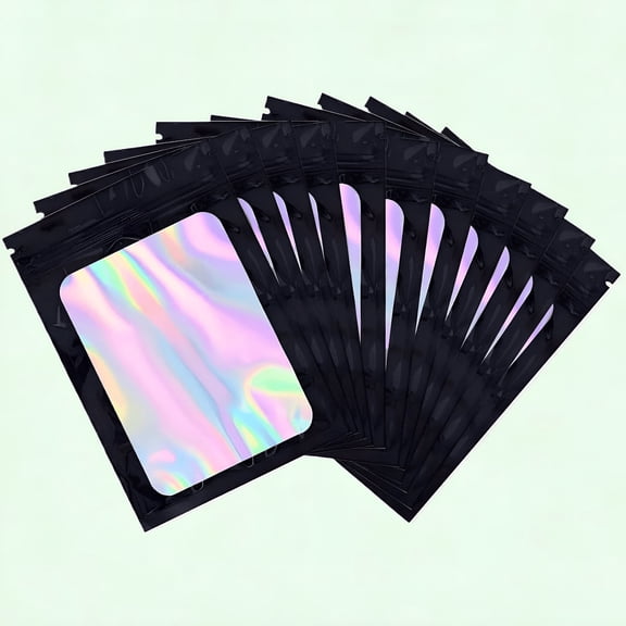 CCOCC 50Pcs Small Black Ziplock Bags with Clear Window,Reusable Foil Sample Bags,Resealable Mylar Bags for Food Storage (Holographic Black,4.1"x5.9")