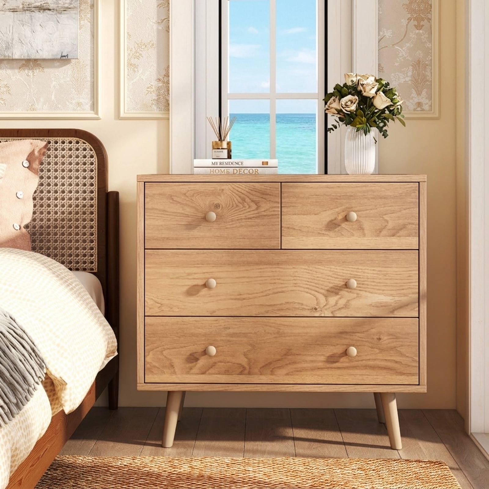 Furnibear Wide Wooden Dresser with 4 Drawers for Bedroom Living Room for Bedroom Closet Living Room Nursery Clothes Storage, Natural