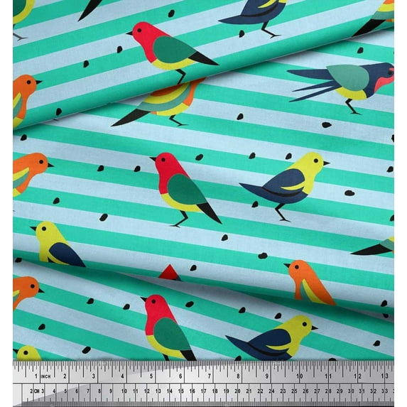 Soimoi Green Cotton Cambric Fabric Stripe & Bird Printed Craft Fabric by the Yard 42 Inch Wide