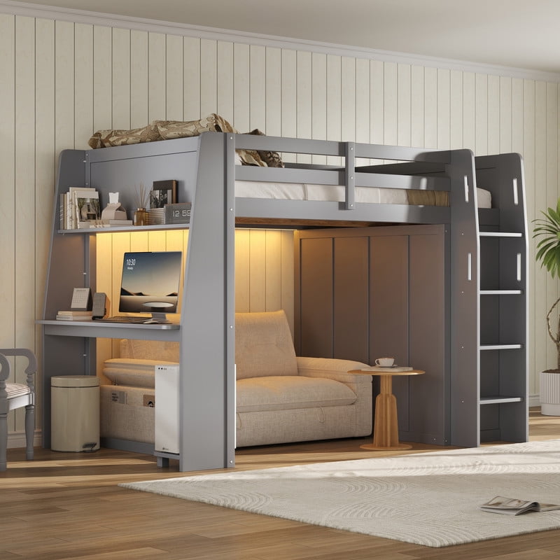 Full Size Wooden Loft Bed with Built-in Desk & Charging Station, Kids Storage Bed Frame with LED Light & Double Door Wardrobe