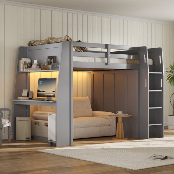 Euroco Wood Full Size Loft Bed with Desk and Wardrobe, High Loft with LED Light and USB Ports, Grey