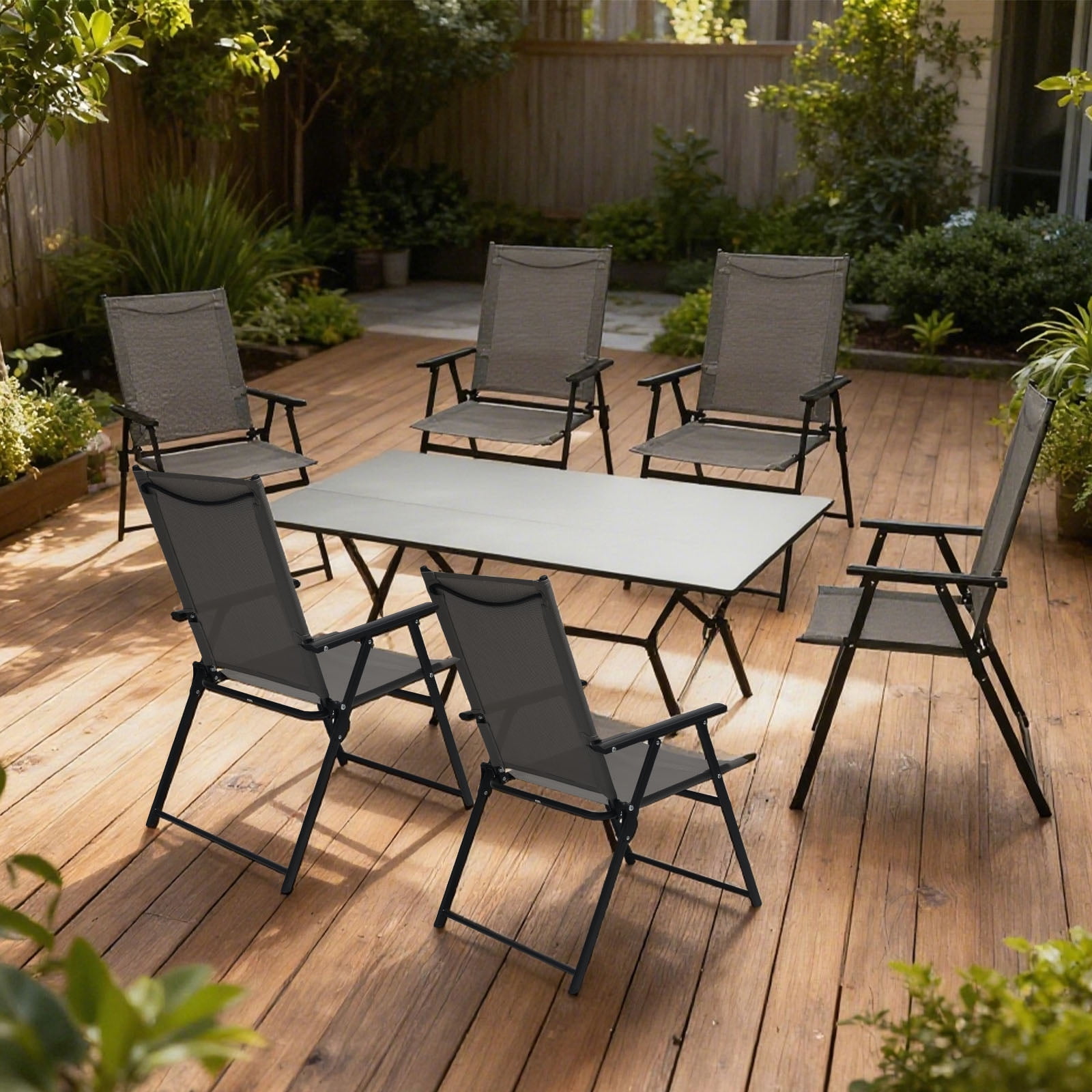 SHGJ&SOFT Set of 4 Folding Chairs，Outdoor Patio Chair with Armrests for Porch Camping Pool Beach Deck Lawn Garden (Gray, 4 PC)