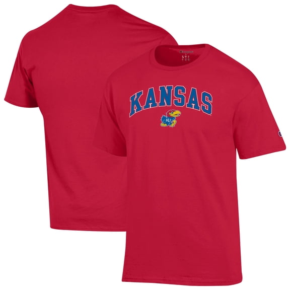 Men's-Champion Red Kansas Jayhawks Arch Over Logo T-Shirt