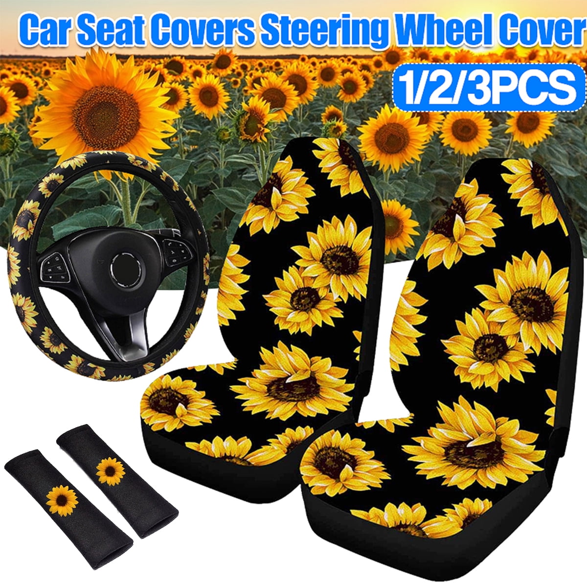 Sunflower Car Accessories Set Seat Covers Steering Wheel Console Covers 