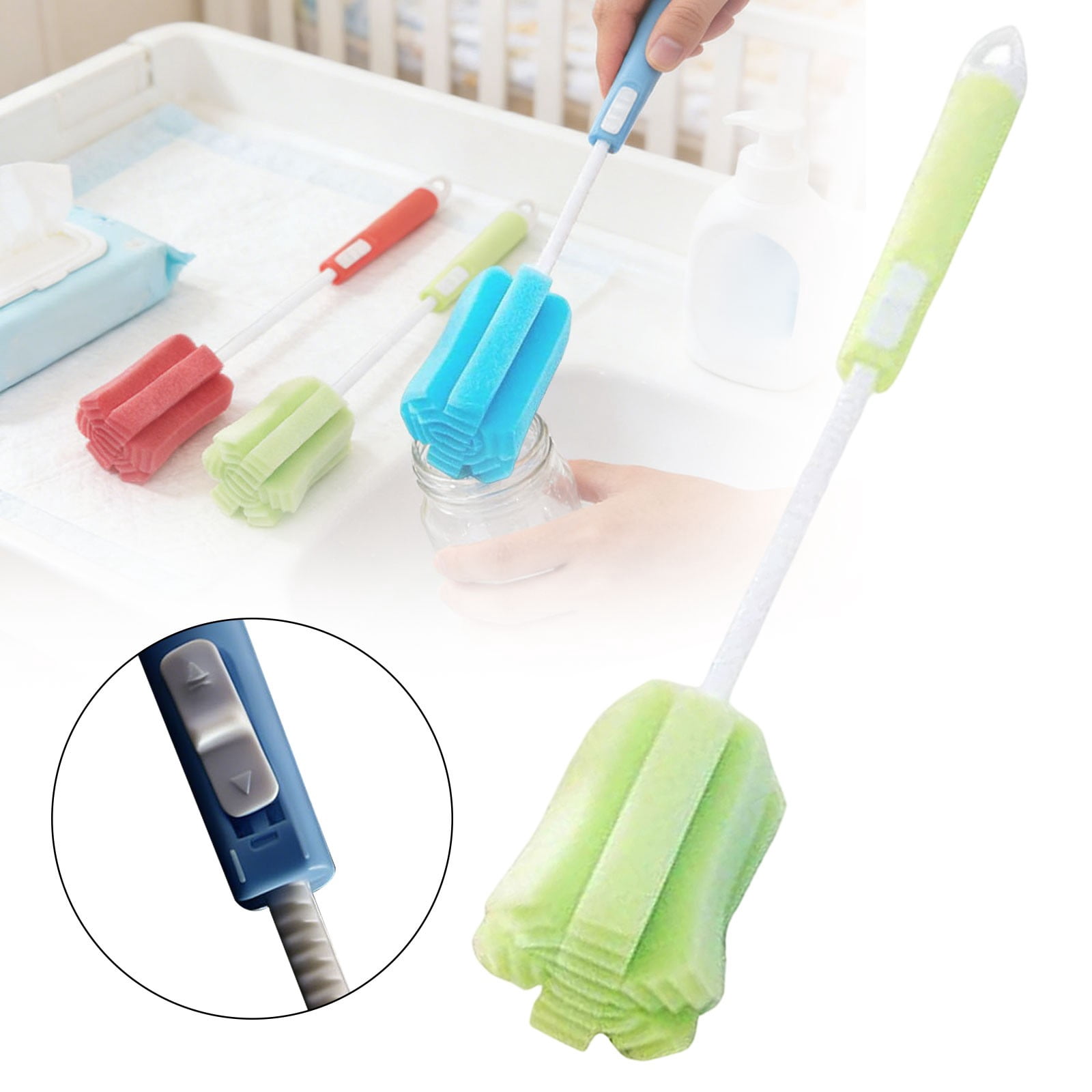 Sponge Cleaning Brush, Dishwashing Foam Sponge Brush with Adjustable Long Handle, Durable Bottle Scrubber Cleaning Brushes Soft for Bottle Glasses Mugs Cups Kitchen Cleaning, 3Pcs(Green,11.6x2")