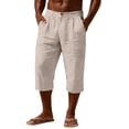 thumbnail image 4 of Betivan Men's Linen Capri Pants Elastic Waist Solid Color Breathable Lightweight Calf Length Loose Fit Beach Vacation Outdoor Daily Trousers, 4 of 9