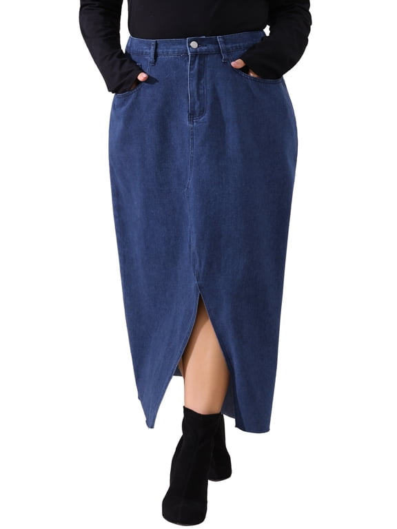 Women's Plus Size Vintage Denim Maxi Skirt Frayed Raw Hem High Waist Front Slit Long Jean Skirts 4X Dark Blue