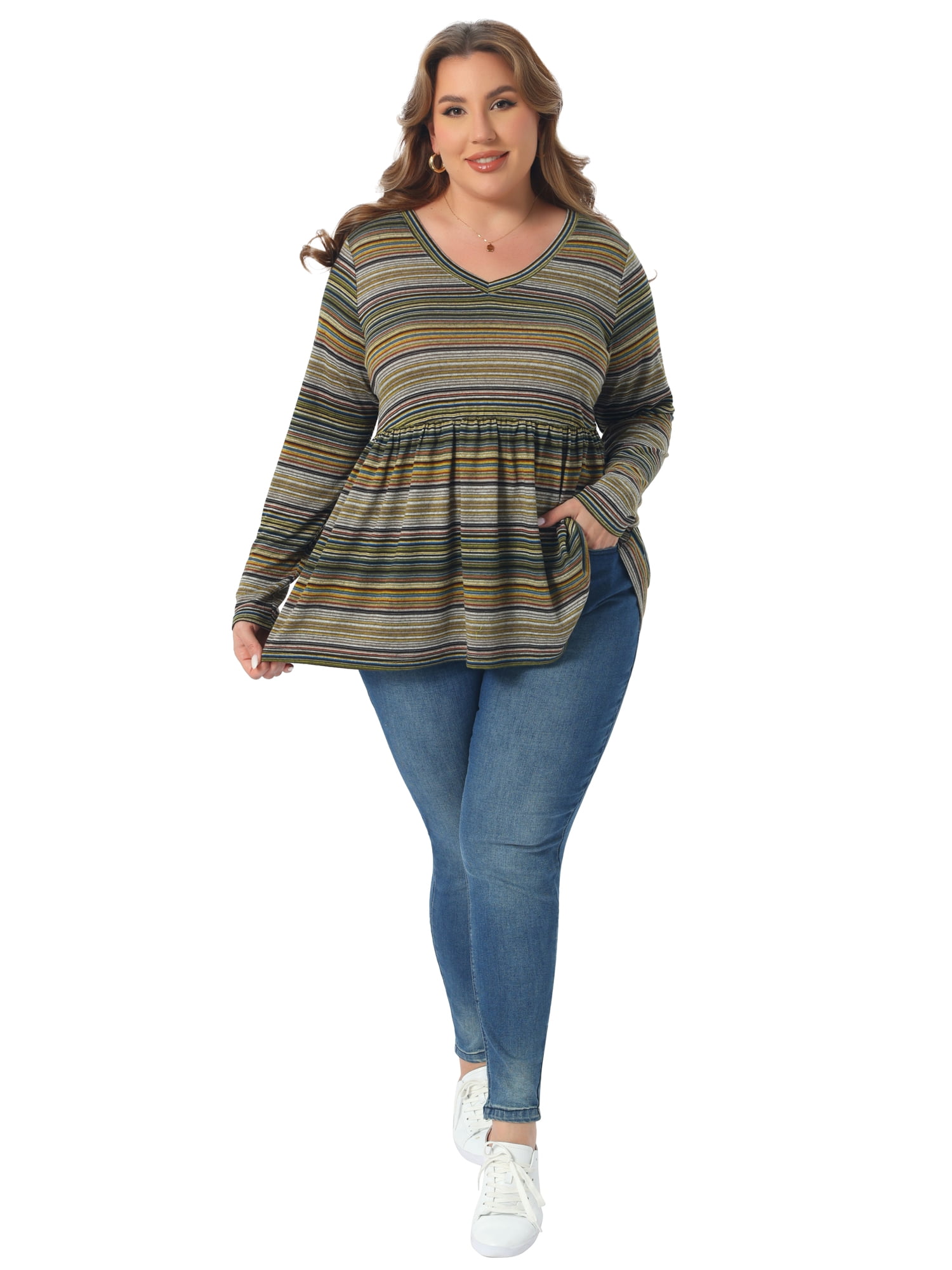 DARING DIVA Women's Plus V Neck Stripe Peplum Knit Blouse 4X Green