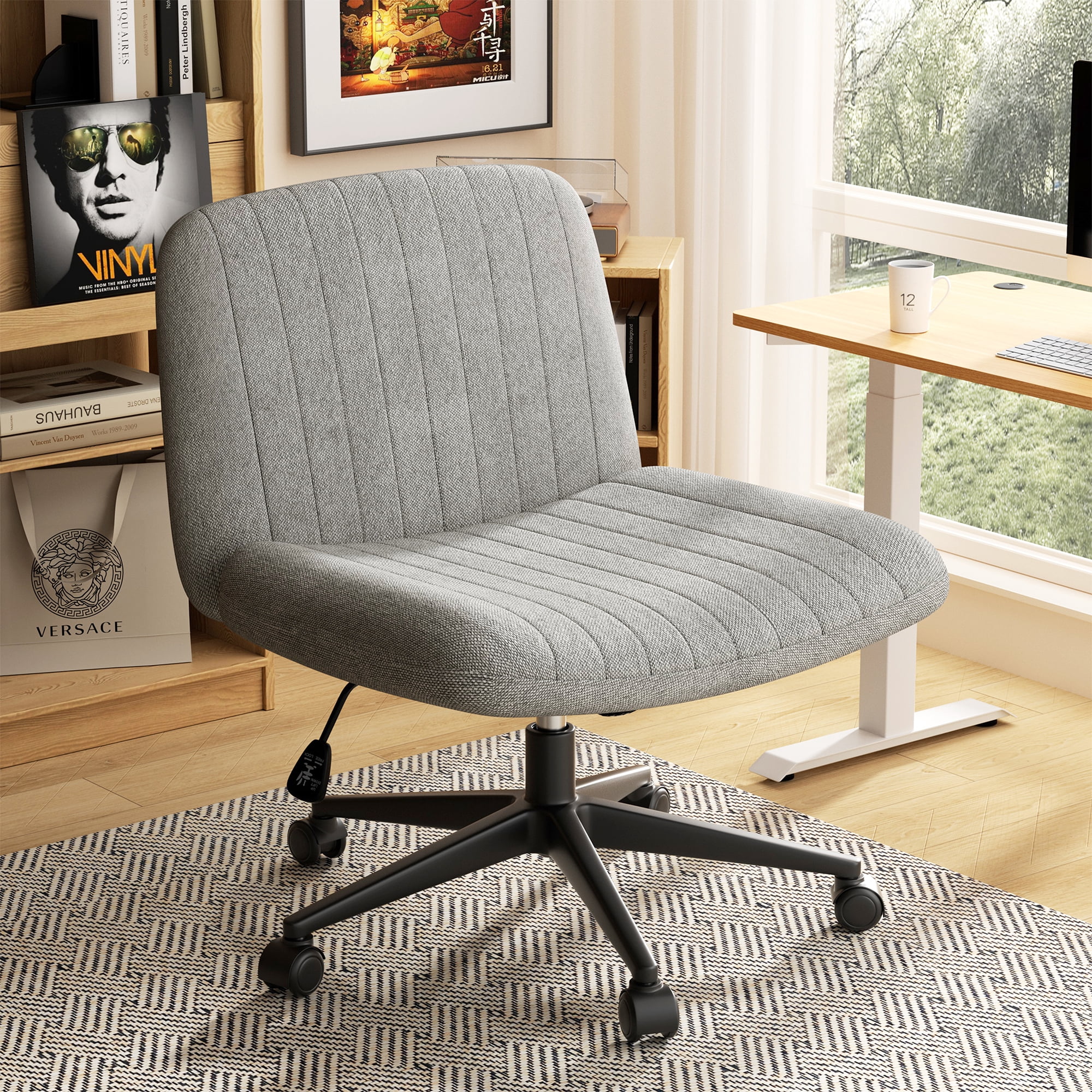 Walsunny Armless Criss Cross Home Office Chair, Fabric Vanity Desk Chair with Wheels, Wide Seat Swivel Task Computer Chair, Gray