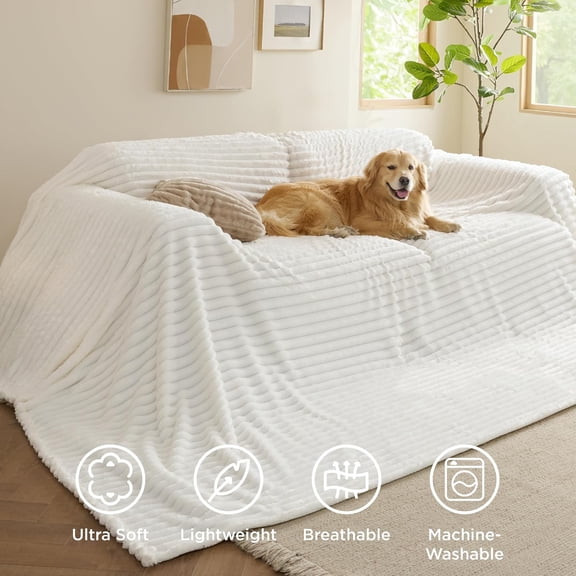 Large Fleece Blanket for Bed, Cozy Soft Throw Blanket, Oversized 120x120 Inches, Off White, for Bedroom, Sofa & Lounge