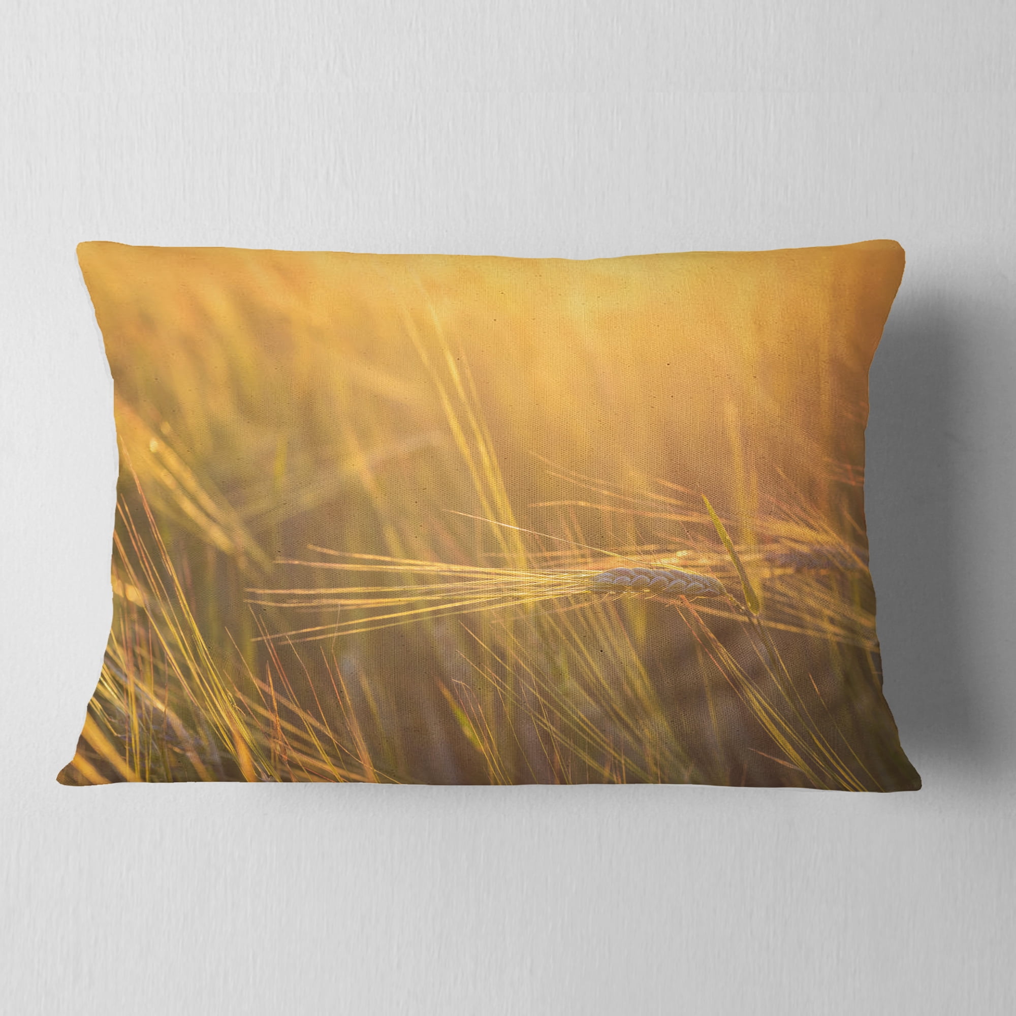 Designart Wheat Field Close up at Sunset - Landscape Printed Throw Pillow - 12x20