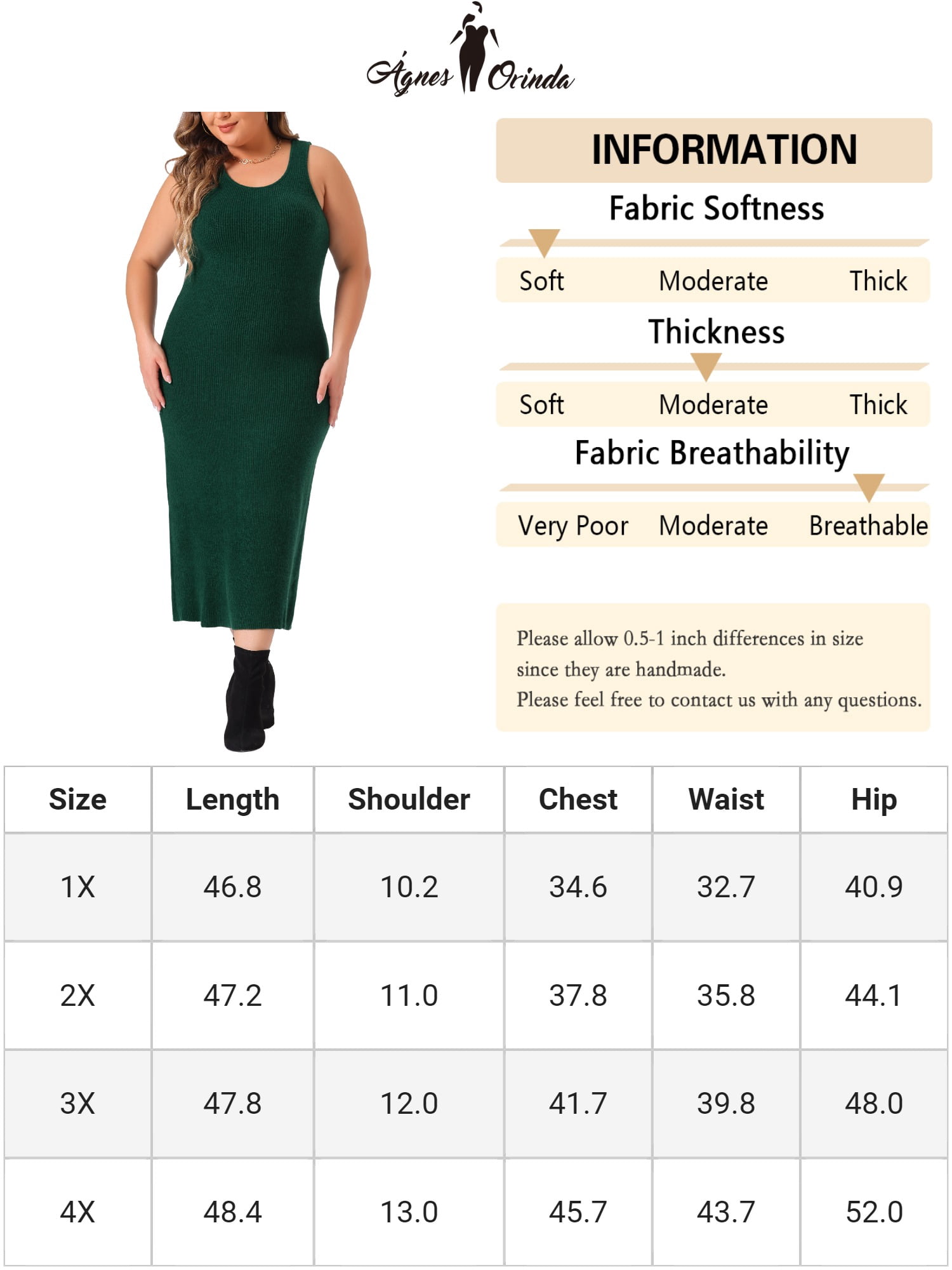 DARING DIVA Plus Size Sweater Crew Neck Sleeveless Midi Tank Dress 2X Dark Green