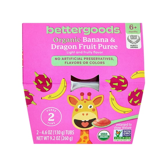 bettergoods Organic Stage 2 Baby Food Banana and Dragon Fruit Puree, 4.6 oz Tubs, 2 Count