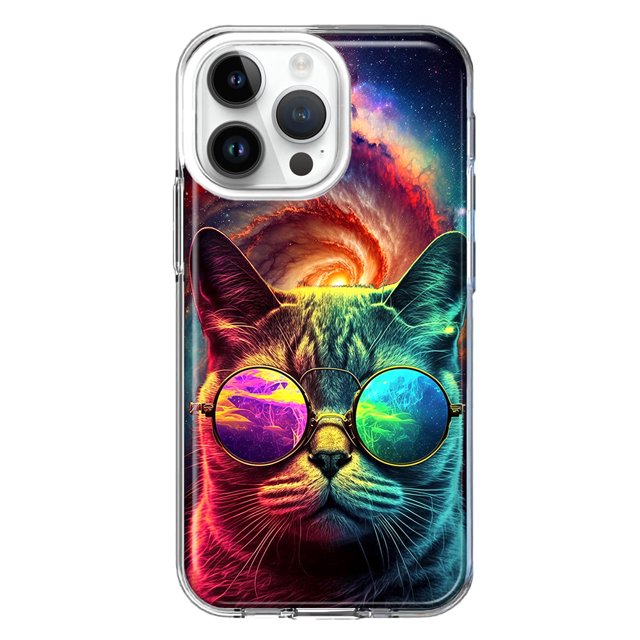 MUNDAZE Étui pour Apple iPhone 15 Pro Max Étui Rigide Mince Hybride TPU Souple Antichoc Protection Robuste - Chat Galaxy Arc-en-Ciel Néon
