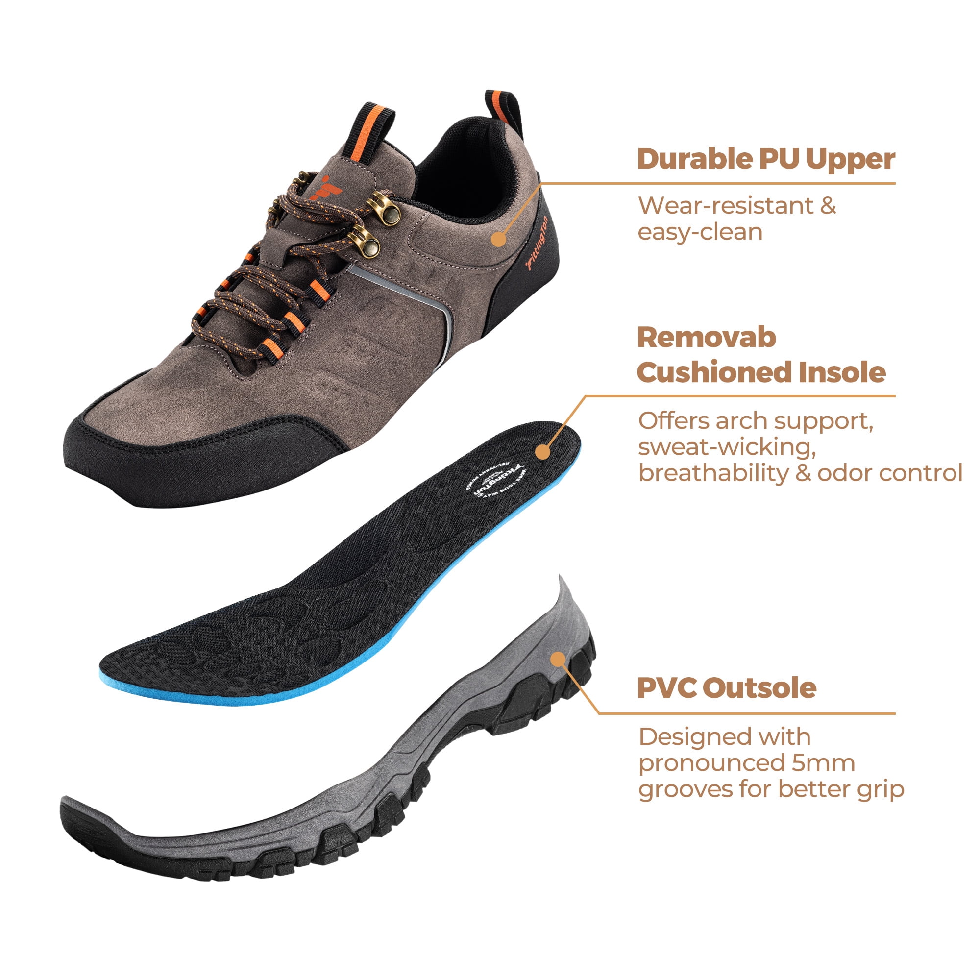 Fittington Men's Hiking Shoes Trekking Trails Outdoor Sneakers Walking Shoes with Arch Support, Reflective Safety Feature
