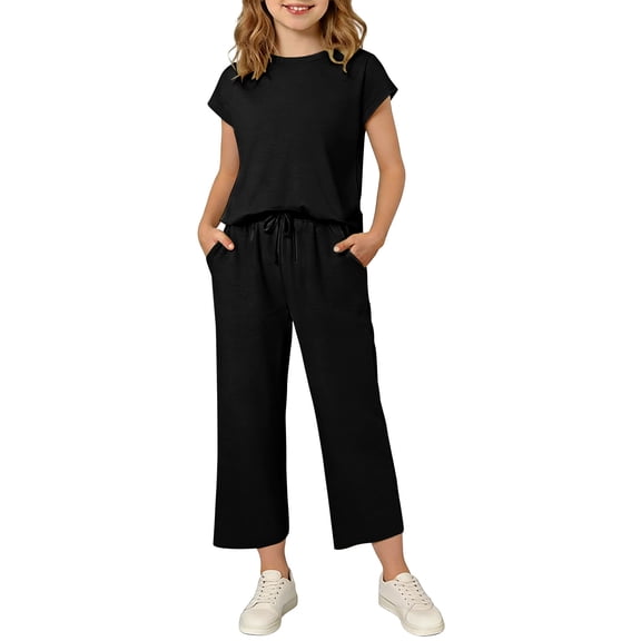 Iyufng Girls 2 Piece Outfits, Solid Color Short Sleeve Top and Pants Set, Summer Casual Loungewear Sets