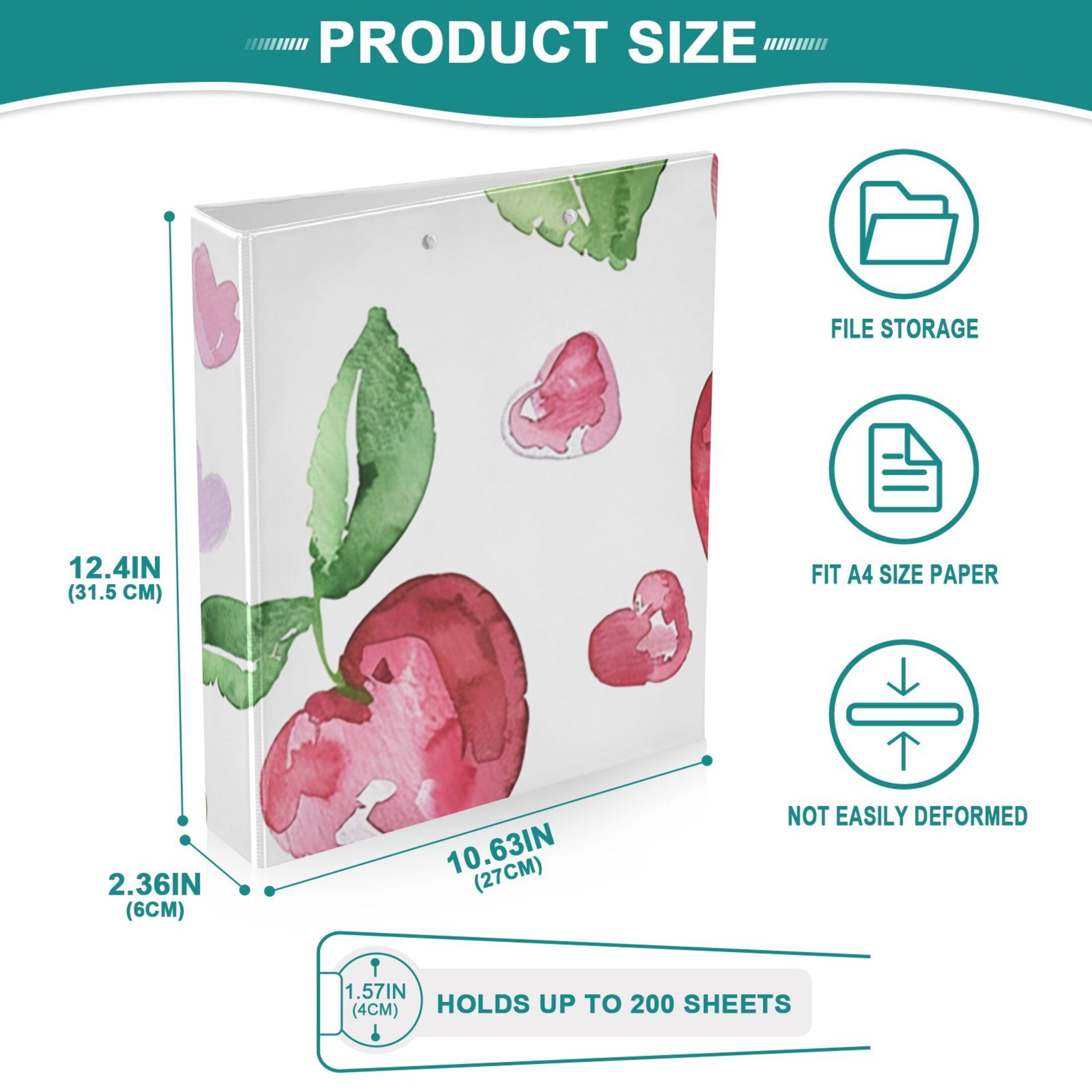 Cute Cherry 3 Ring Binders 1.5 inch Hardcover File Folders with Interior Pockets A4 Size Organizer for School Office Hospital Set of 2