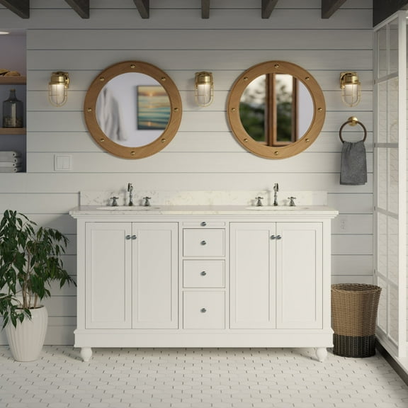 Bella 60" Double Bathroom Vanity with White Cabinet and Engineered Marble Top