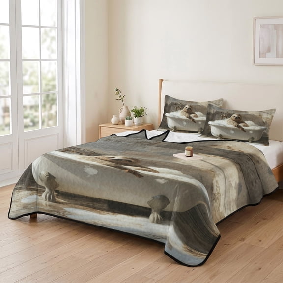 Twin XL Quilt Bedding Set, Abstract Bathing Sloth Lightweight Coverlet Summer Comforter Set Soft Microfiber Bedspread, Vintage Oil Painting Pattern 3 Piece Quilt Set with 2 Pillow Shams