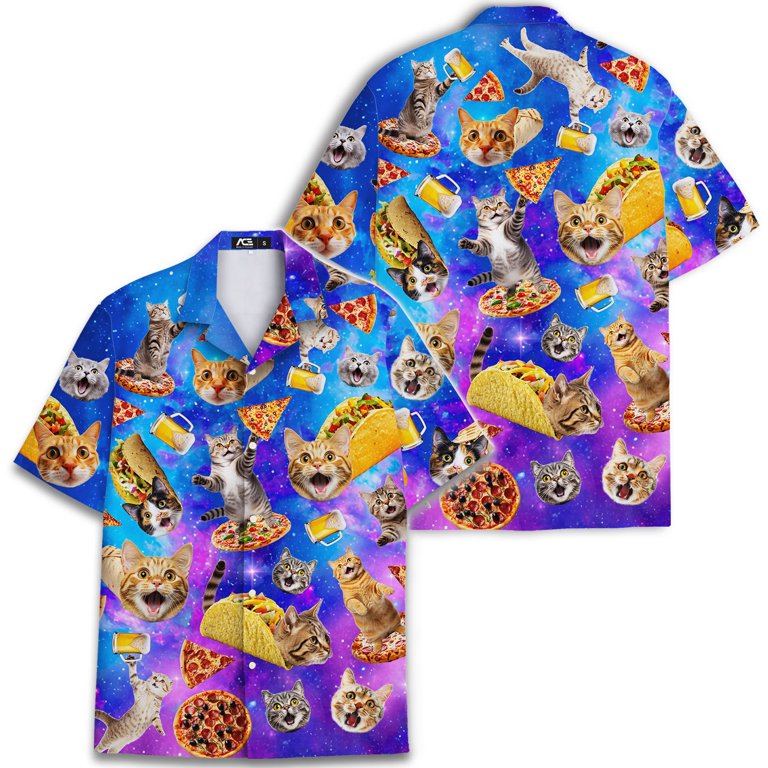 Funny Pizza Taco Galaxy Cat Hawaiian Shirt For Men 80s Cats Party