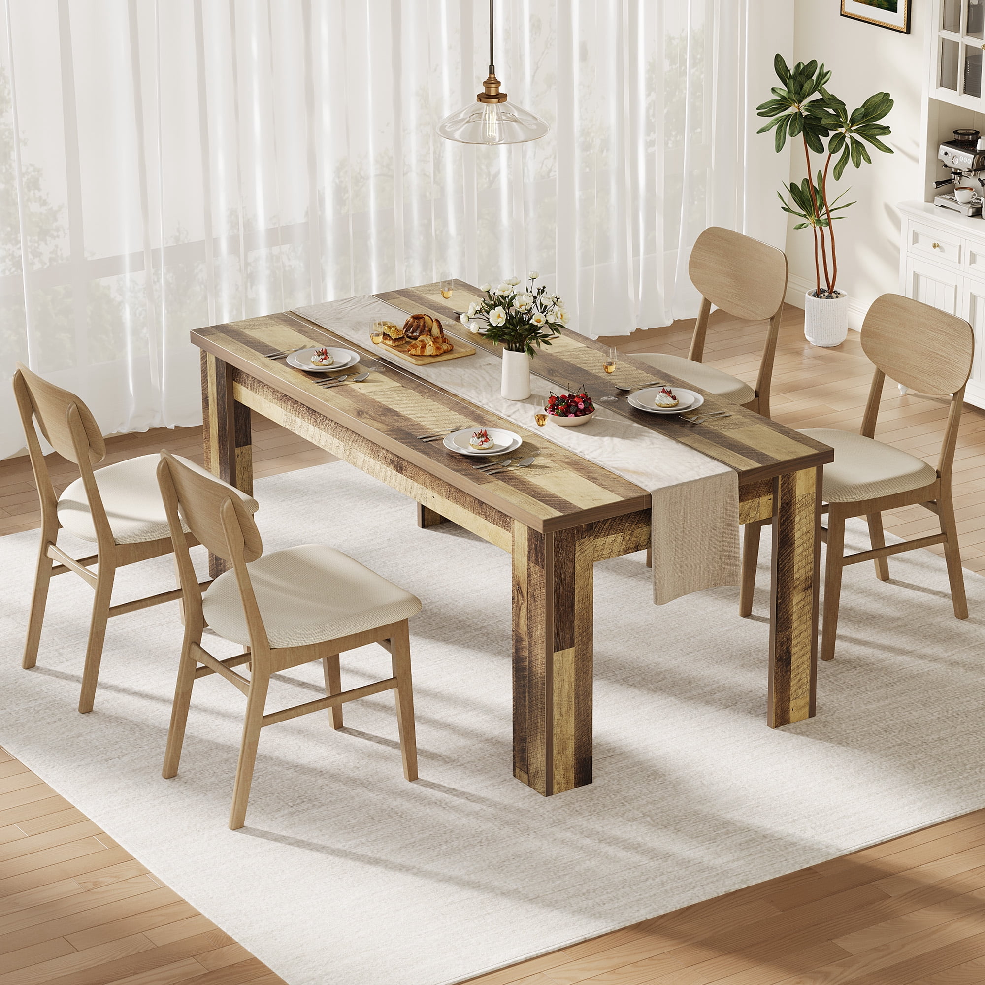 COZONY 1.6m 6-8 Seater Farmhouse Dining Table, Reinforced Triangular Legs, 330 lb Capacity, Rectangular Wood Kitchen Table for Apartment & Small Space,jointed plate