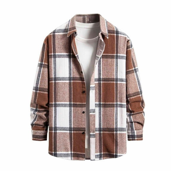 GuangCheng George Mens Oversized Plaid Flannel Shirts Checkered Button Up Long Sleeve Casual Loose Fit Warm Soft Outerwear Tops,Brown,L