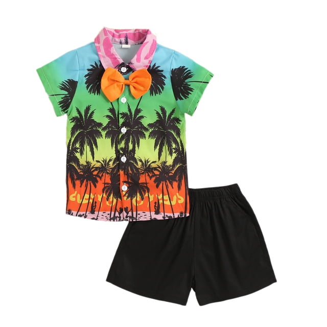 Ensemble de 2 Pcs pour Garçons, Style Plage d'Été, Imprimé Cocotier, Chemise à Manches Courtes, Cravate, Shorts, 1-5 Ans