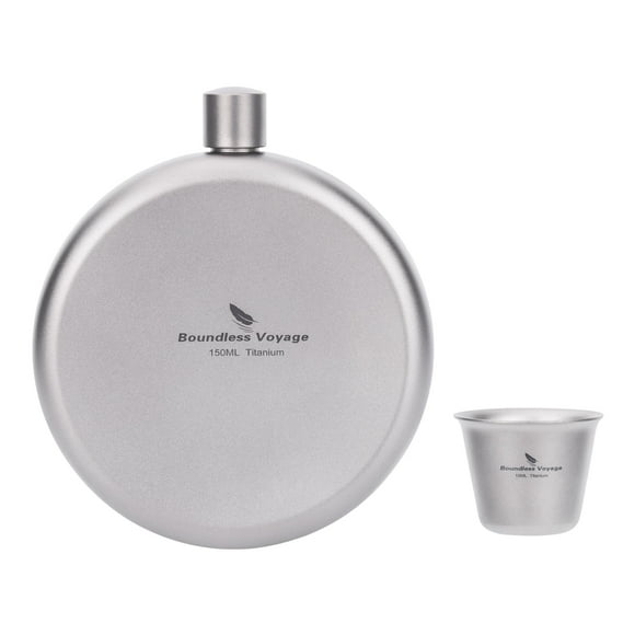 usharedo Titanium Round Hip Flask with Funnel Camping Sports Bottle Wine Whiskey Water Drinking 150ml Ti3066D