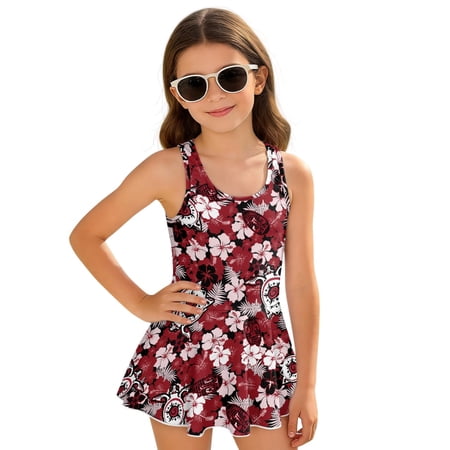 chaqlin Girls Hawaiian Hibiscus Floral Skirted One-Piece Swimsuit - Quick Dry Stretchy Swim Dress for Beach & Pool Vacations