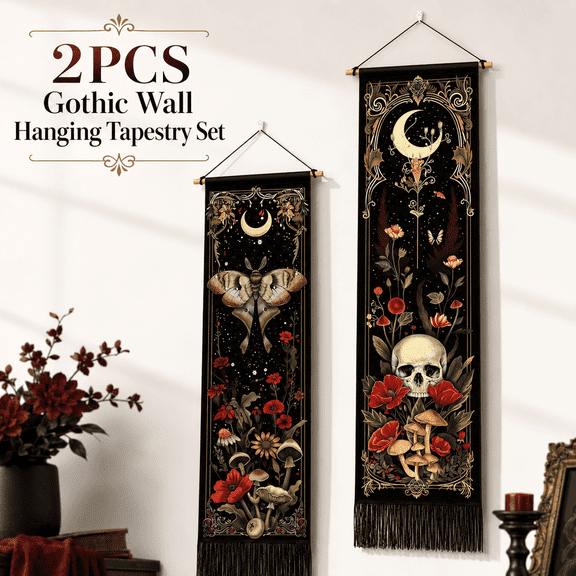MORAVE Pack of 2 Witchy Gothic Vertical Tapestries, Moth Moon Skull Mushroom Retro Floral Flowers Tapestry, Aesthetic Art Wall Bedroom Decor for Room
