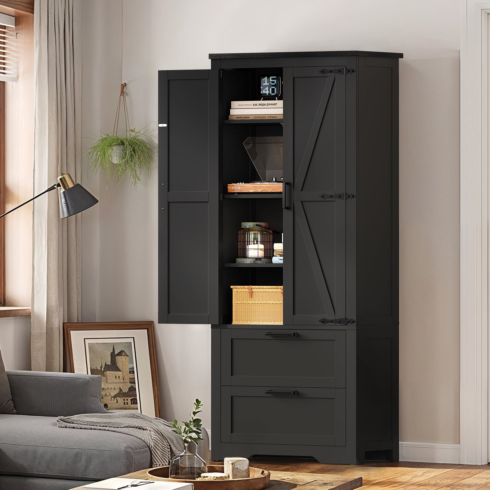 66.2" H Storage Cabinet with 2 Drawers, Farmhouse Kitchen Pantry Cabinet with 3 Doors & Adjustable Shelf, Handbag Storage Organizer, for Living Room, Kitchen, Bedroom, Black