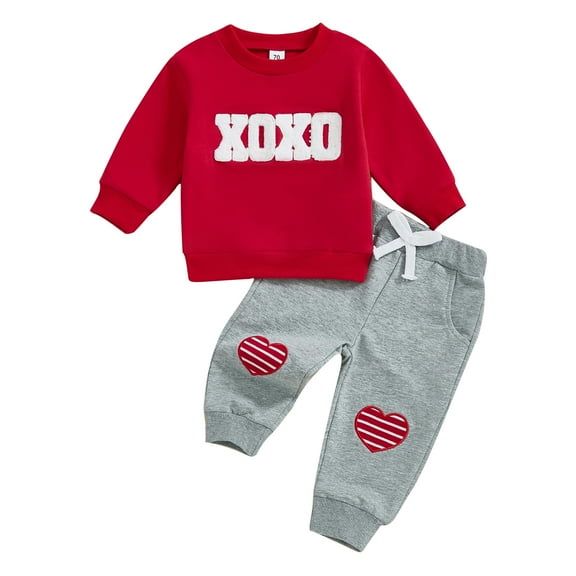 Elippeo Baby Pants Set, Long Sleeve Crew Neck Embroidery Letters Sweatshirt with Heart Pants 2-piece Outfit for Valentines Day 6 12 18 24 Months 3 Years