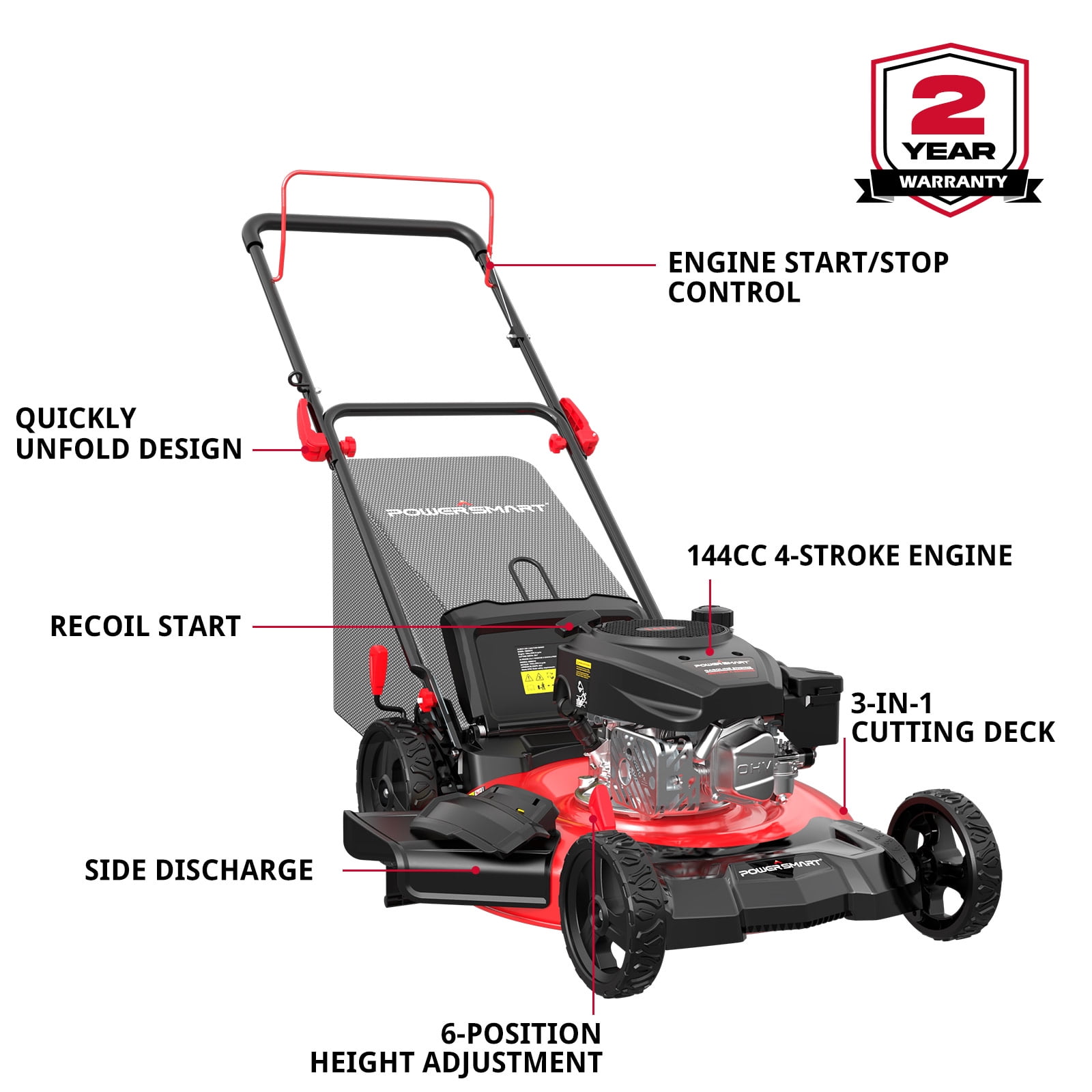 PowerSmart 144CC Engine Gas Push Lawn Mower, 21 inches Cutting Blade, 6-Position Height Adjustment